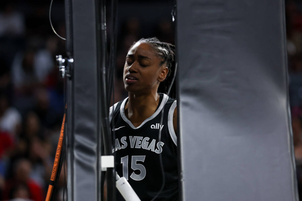 Las Vegas Aces guard Tiffany Hayes (15) reacts after fouling the Chicago Sky during the second ...