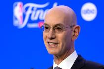 NBA Commissioner Adam Silver talks to reporters before Game 1 of basketball's NBA Finals betwee ...