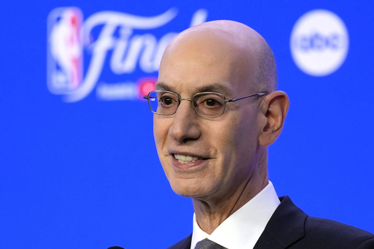 NBA Commissioner Adam Silver talks to reporters before Game 1 of basketball's NBA Finals betwee ...