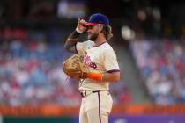 Philadelphia Phillies' Bryce Harper plays during of a baseball game, Saturday, July 13, 2024, i ...