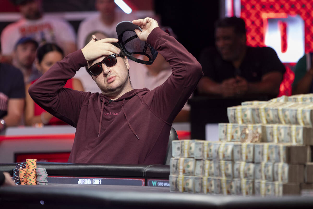 Jordan Griff wipes his forehead while competing in the final table of the World Series of Poker ...