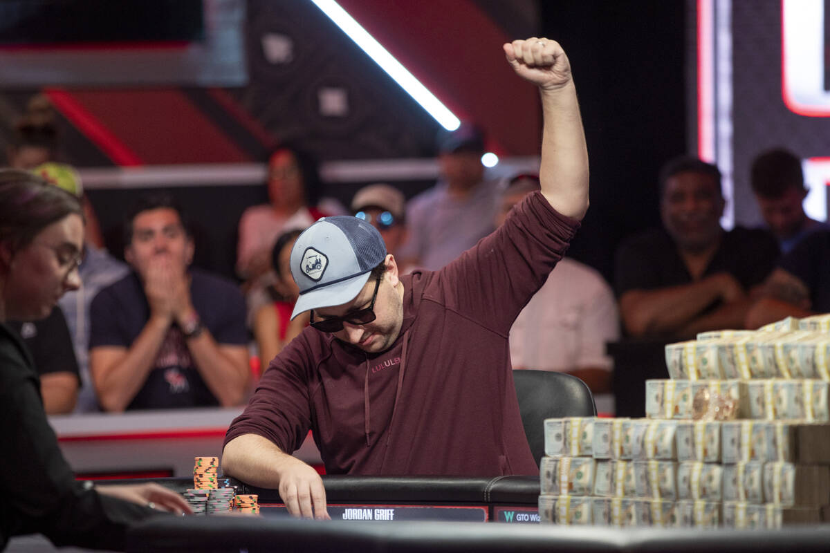 Jordan Griff pumps his fist after winning a hand in the final table of the World Series of Poke ...