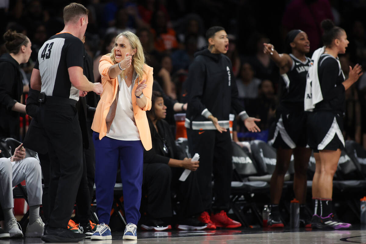 Las Vegas Aces head coach Becky Hammon shouts at a referee during the second half of a WNBA bas ...