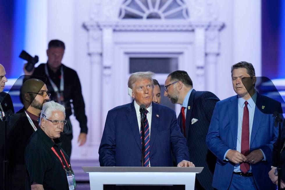 Republican presidential candidate former President Donald Trump on stage doing his walk-through ...