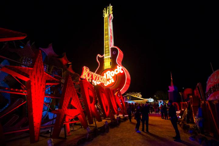 The Hard Rock Cafe guitar sign is illuminated at the Neon Museum in Las Vegas on Monday, March ...