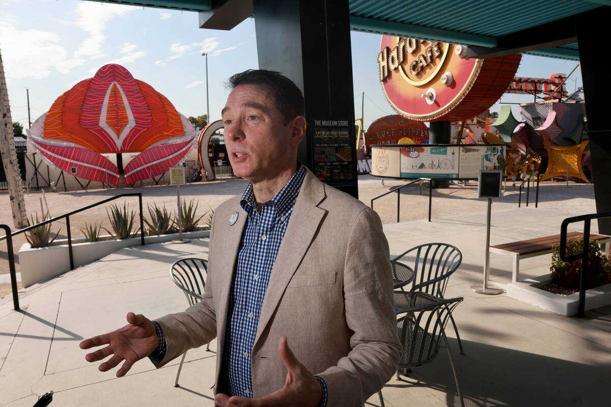 Neon Museum Executive Director Aaron Berger talks to a reporter at the museum’s downtown ...