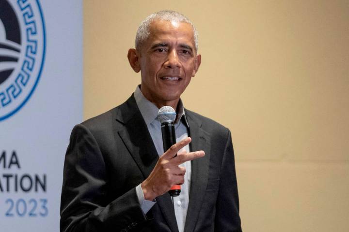 Former President Barack Obama speaks in Athens, Greece, June 21, 2023. (AP Photo/Petros Giannak ...