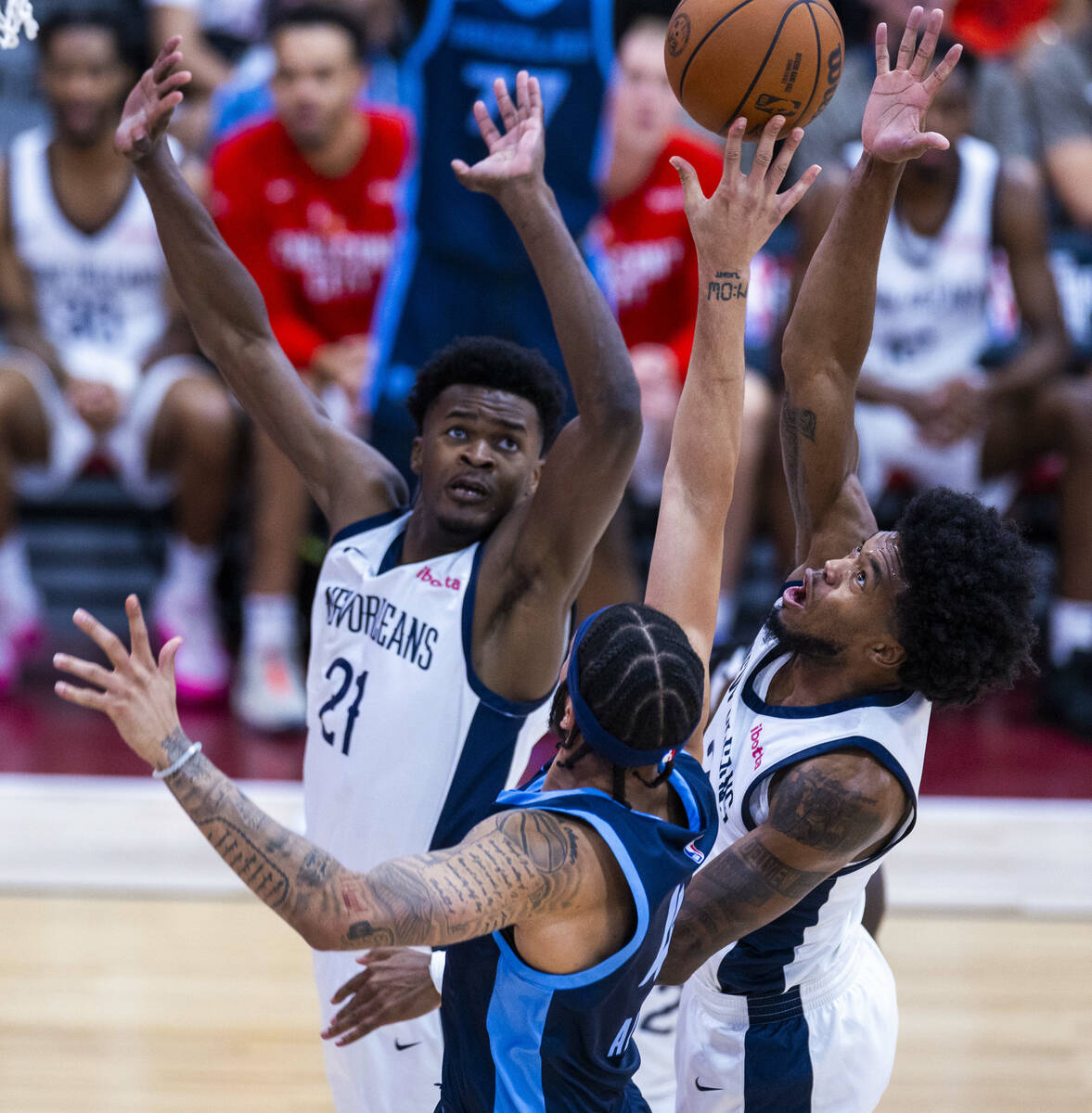 New Orleans Pelicans forward Keion Brooks Jr. (2) attempts a shot over Memphis Grizzlies forwar ...