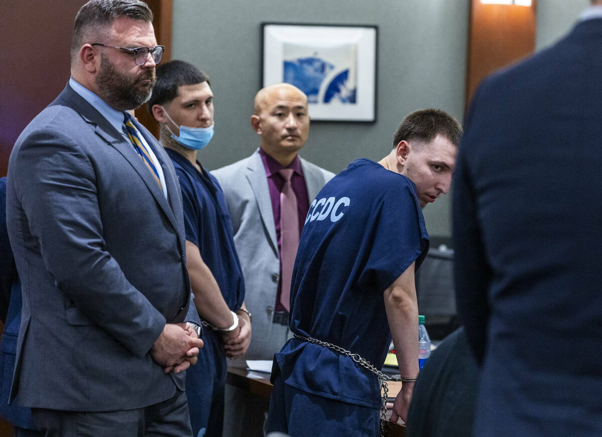 Jessie Rios, right, and Adrian Rios with attorneys listen to security guard Wesley Todd Arringt ...