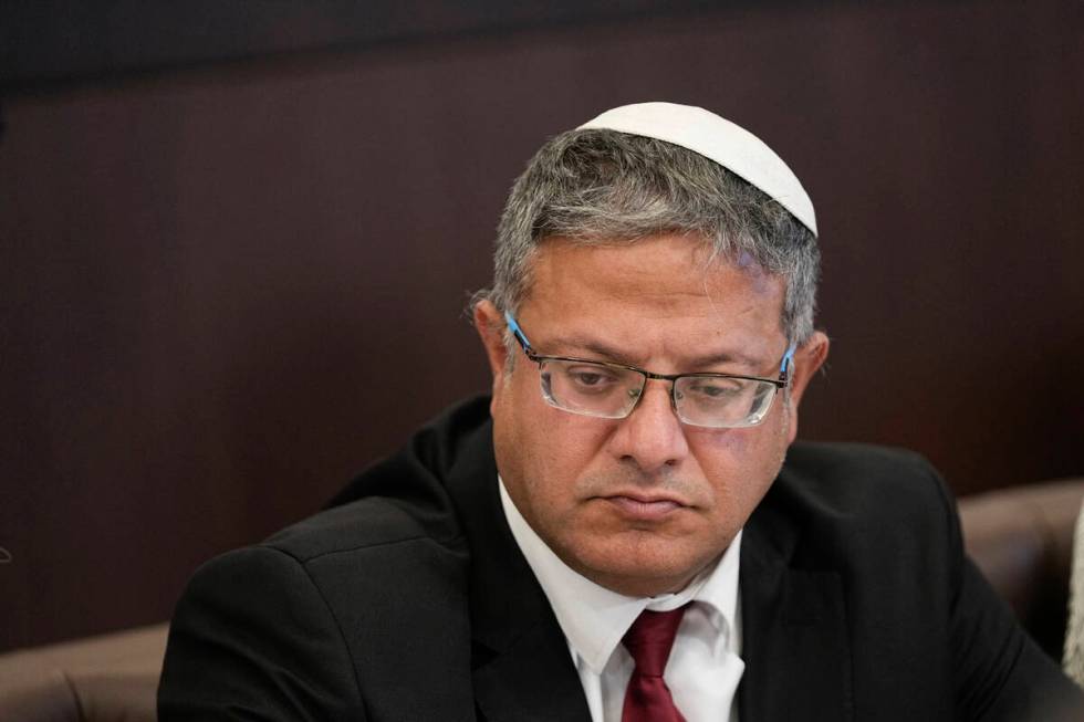 Israeli National Security Minister Itamar Ben-Gvir attends a weekly cabinet meeting in Jerusale ...