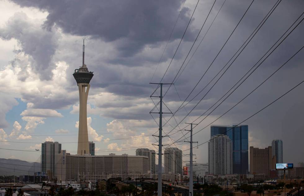 The Strat, left, as clouds cover the sky on Thursday, July 18, 2024, in Las Vegas. (Chase Steve ...