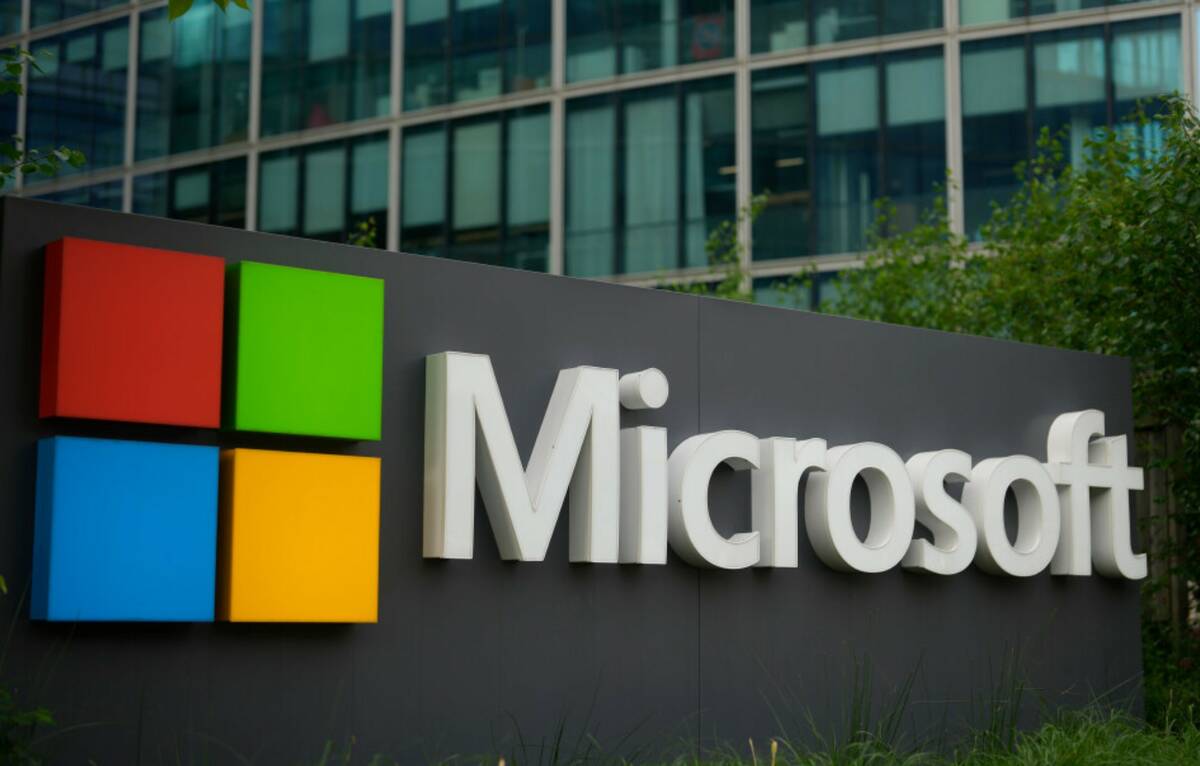 The logo of Microsoft is seen outside it's French headquarters in Issy-les-Moulineaux, outside ...