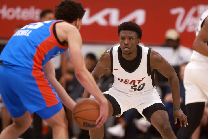 Miami Heat guard Isaiah Stevens (50) defends against Oklahoma City during an NBA Summer League ...