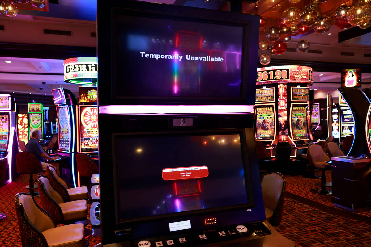 A gaming machine is down at the Golden Nugget in downtown Las Vegas Friday, July 19, 2024. (K.M ...