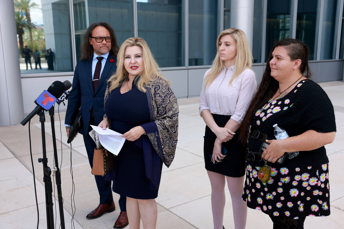 Former Las Vegas City Councilwoman Michele Fiore greets the news media outside the Lloyd George ...