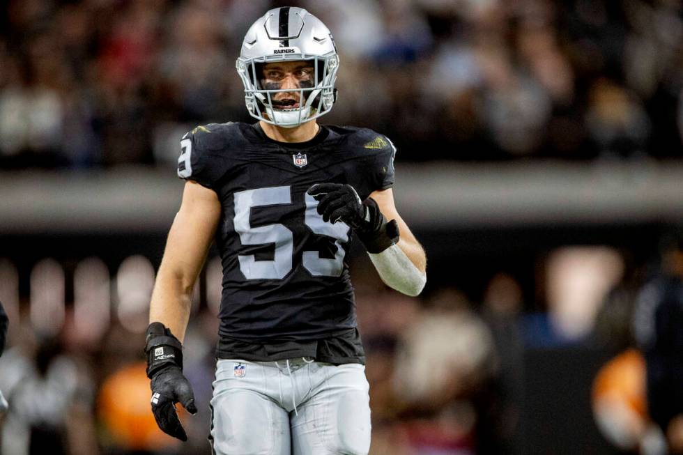 Raiders linebacker Luke Masterson (59) on the field during the first half of an NFL game agains ...