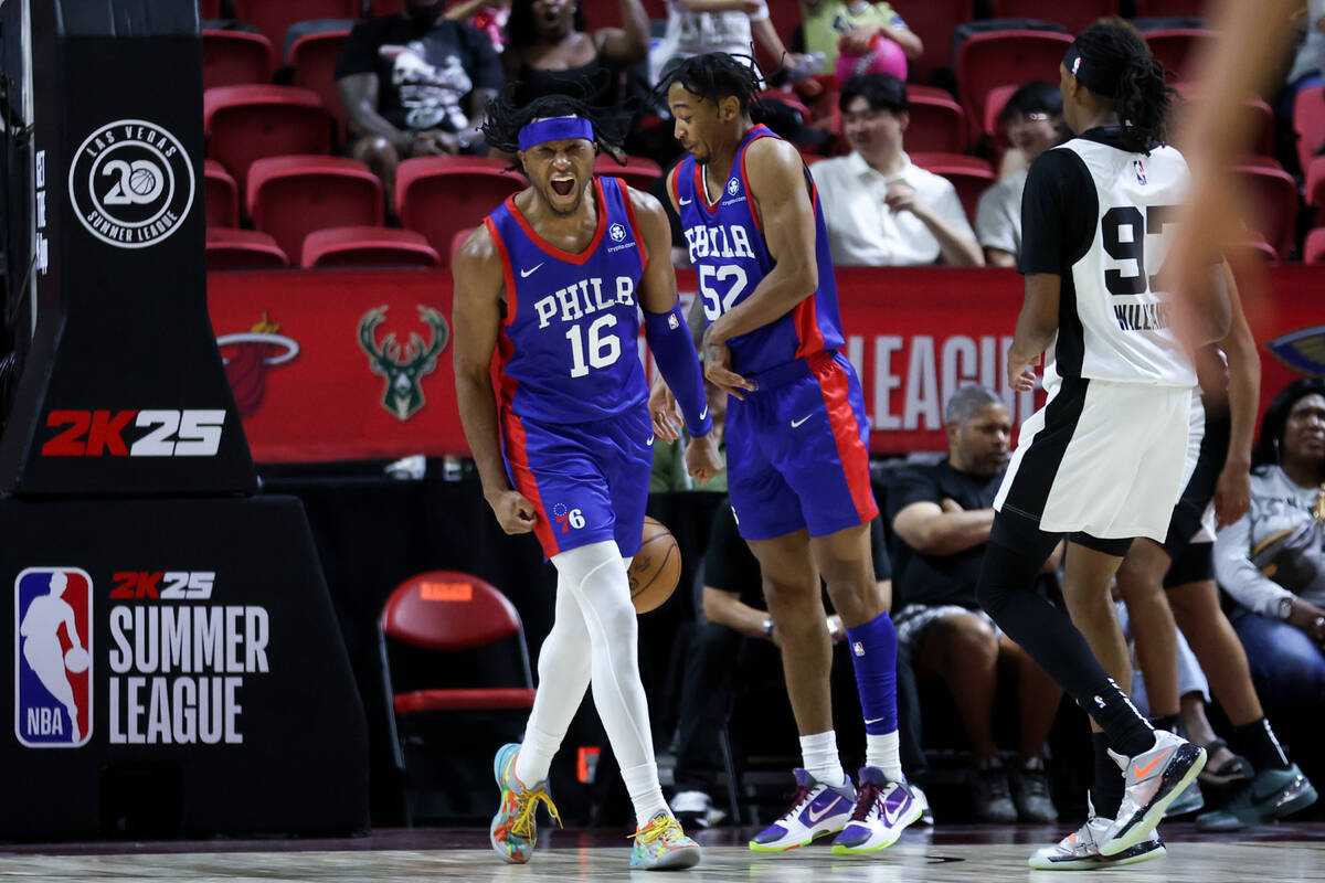 Philadelphia 76ers guard Ricky Council IV (16) celebrates after dunking during an NBA summer le ...
