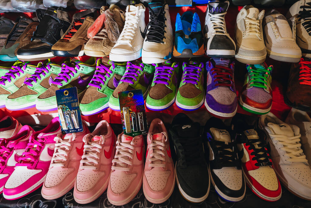 Sneakers for sale are displayed during Sneaker Con at the Mandalay Bay Convention Center on Sat ...