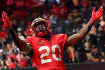 Vegas Knight Hawks wide receiver Malik Honeycutt pumps up the crowd during an IFL (Indoor Footb ...