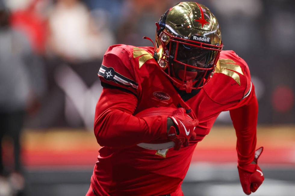 Vegas Knight Hawks running back Trevon Van (1) carries the ball up the field during an IFL (Ind ...