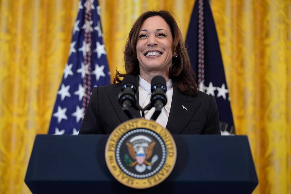 Vice President Kamala Harris speaks in the East Room of the White House, March 18, 2024, in Was ...
