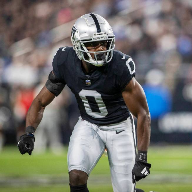 Raiders cornerback Jakorian Bennett (0) defends during the second half of an NFL game against t ...