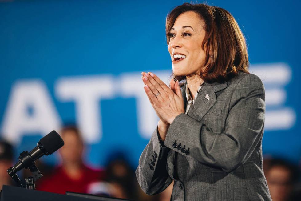 Vice President Kamala Harris speaks to a crowd during a campaign event at IBEW Local 357 on Sat ...