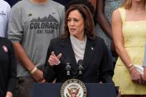 Vice President Kamala Harris speaks from the South Lawn of the White House in Washington, Monda ...