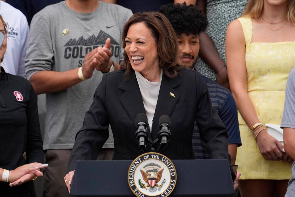Vice President Kamala Harris speaks from the South Lawn of the White House in Washington, Monda ...