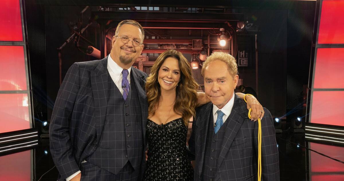 Penn Jillette, Brooke Burke and Teller are shown on the Rio set of "Penn & Teller: Fool Us." (P ...