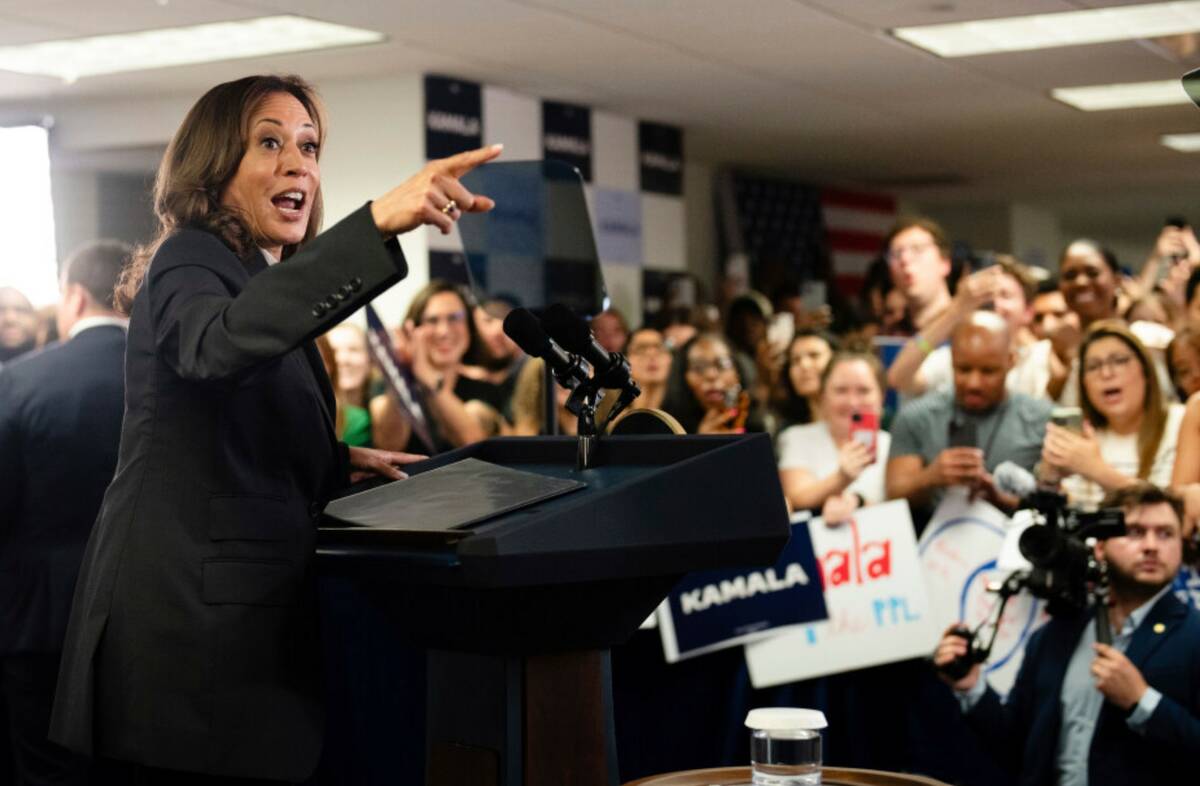 Vice President Kamala Harris speaks at her campaign headquarters in Wilmington, Del., Monday, J ...