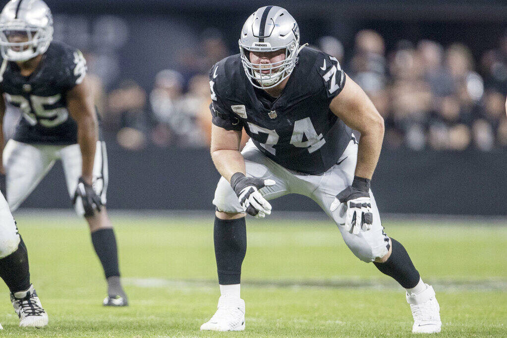 Raiders offensive tackle Kolton Miller (74) sets up to block during the second half of an NFL g ...