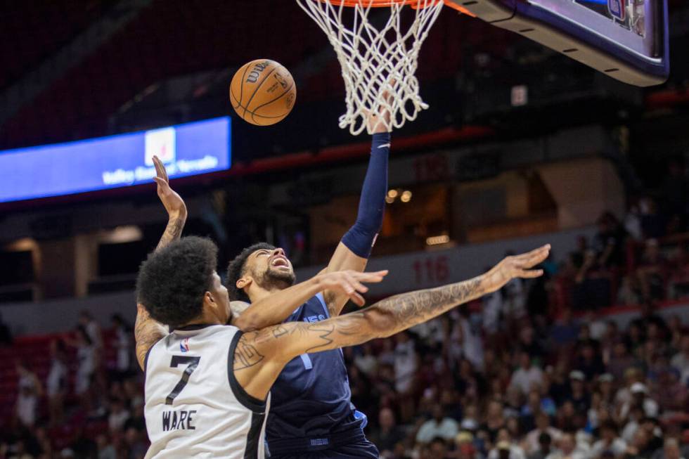 Miami Heat center Kel'el Ware (7) blocks Memphis Grizzlies guard Scotty Pippen Jr. (1) during t ...