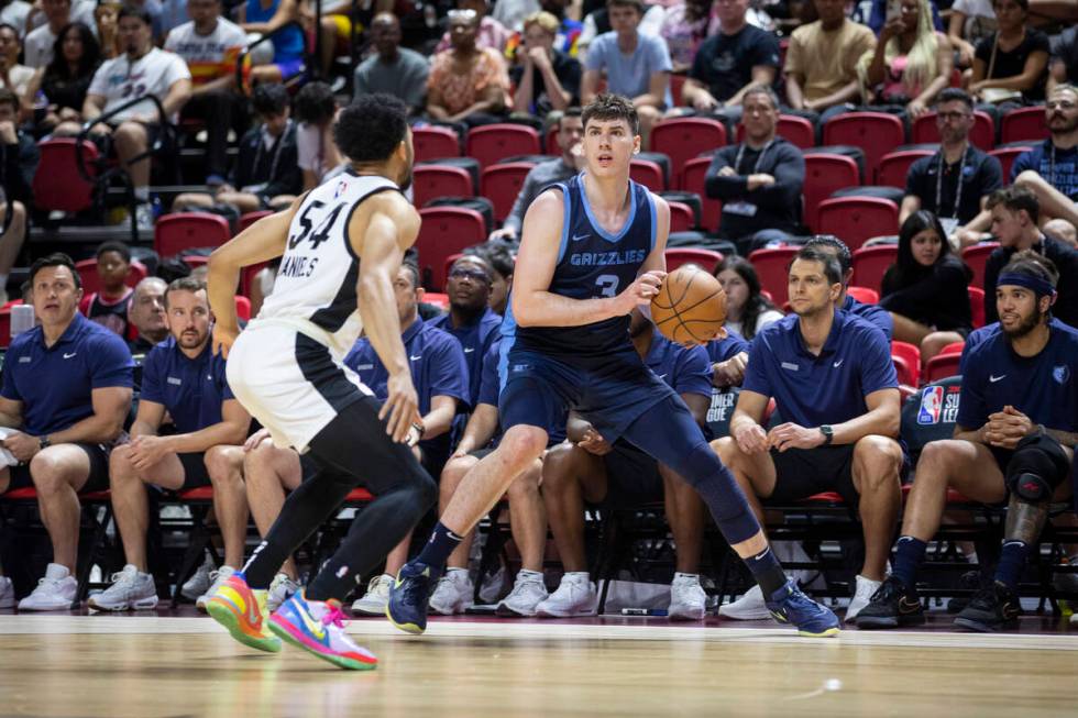 Memphis Grizzlies forward Jake LaRavia (3) begins to pull up for a three-point shot during the ...