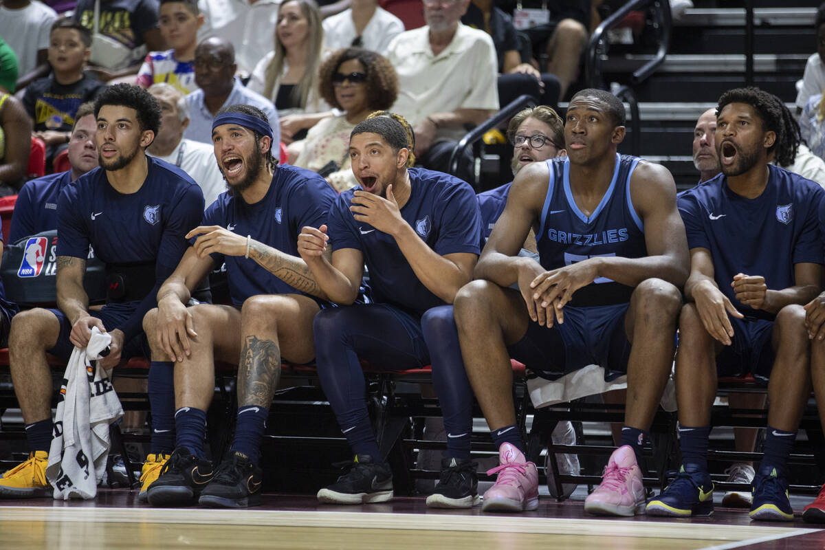 The Memphis Grizzlies bench laughs after a missed free-throw during the NBA Summer League Champ ...