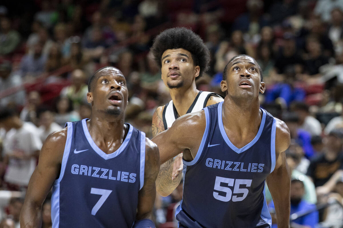 Memphis Grizzlies guard Isaiah Miller (7) and center Trey Jemison (55) guard Miami Heat center ...