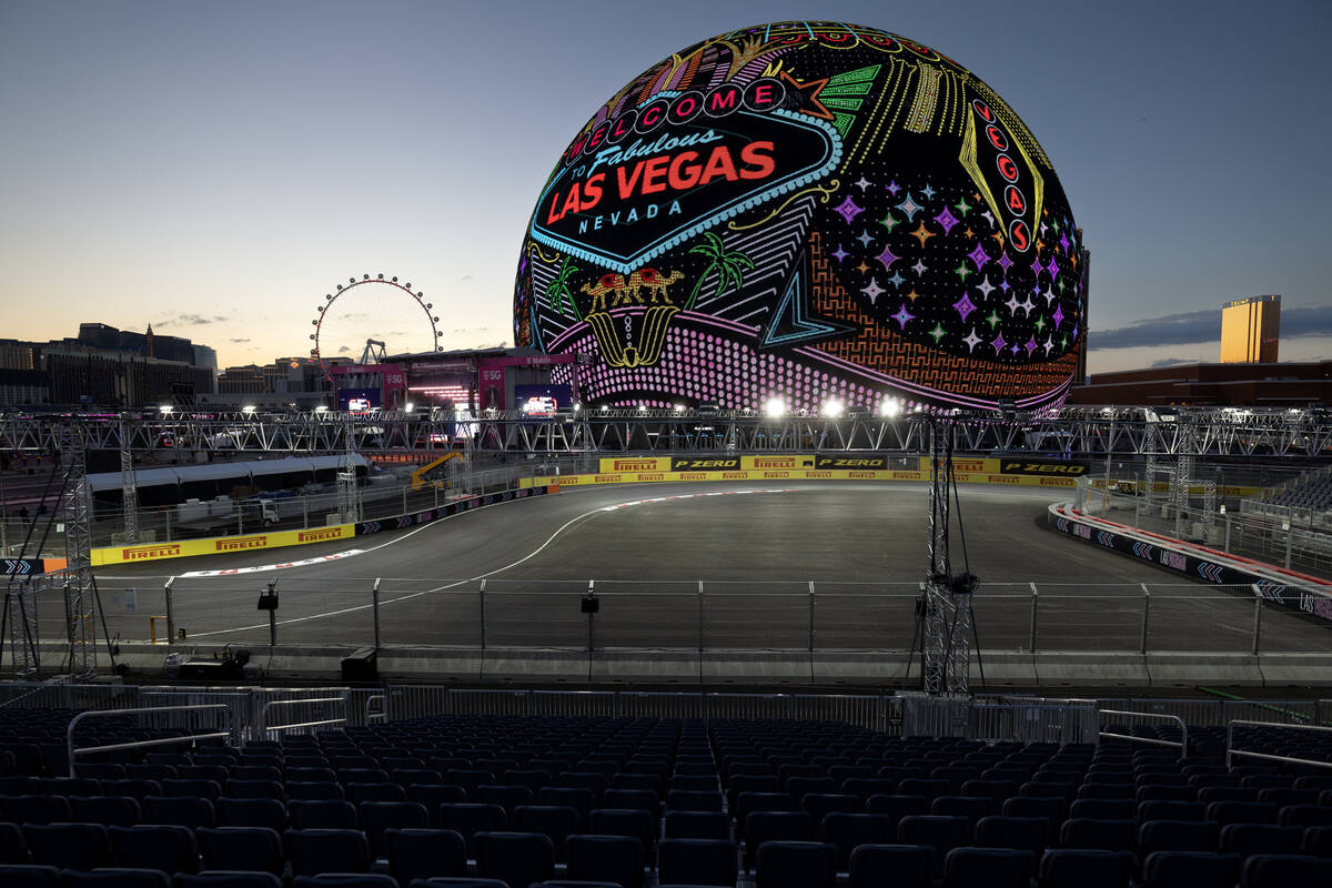 The Sphere welcomes Formula One fans before the third practice for the Las Vegas Grand Prix aut ...