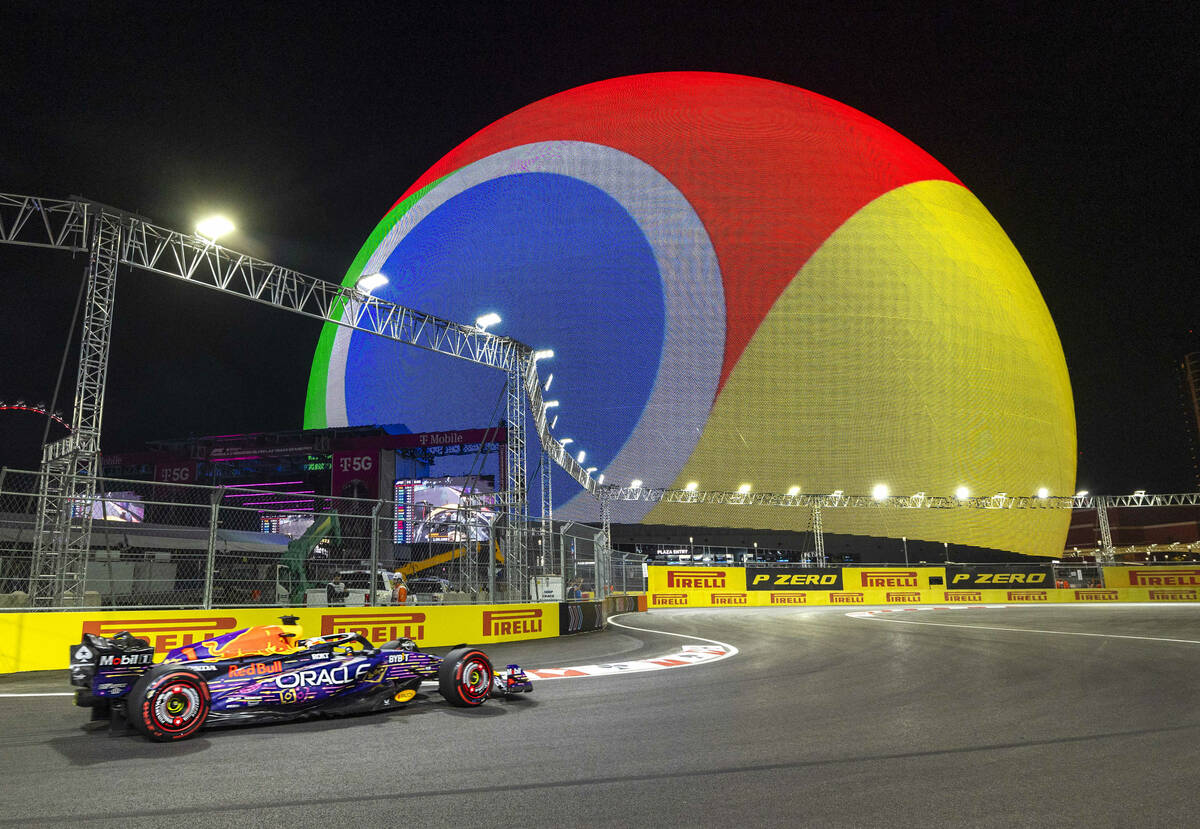 Red Bull Racing driver Max Verstappen turns a corner about the MSG Sphere during the practice s ...