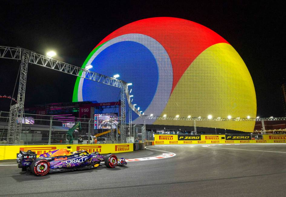 Red Bull Racing driver Max Verstappen turns a corner about the MSG Sphere during the practice s ...