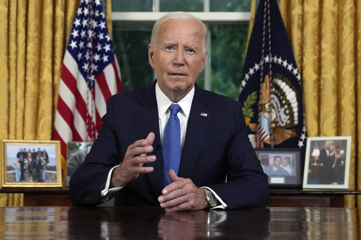 President Joe Biden addresses the nation from the Oval Office of the White House in Washington, ...