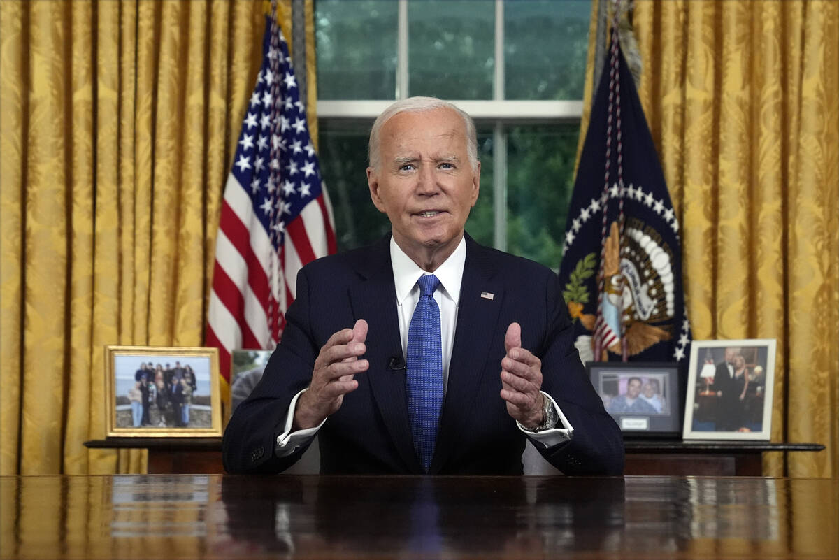 President Joe Biden addresses the nation from the Oval Office of the White House in Washington, ...