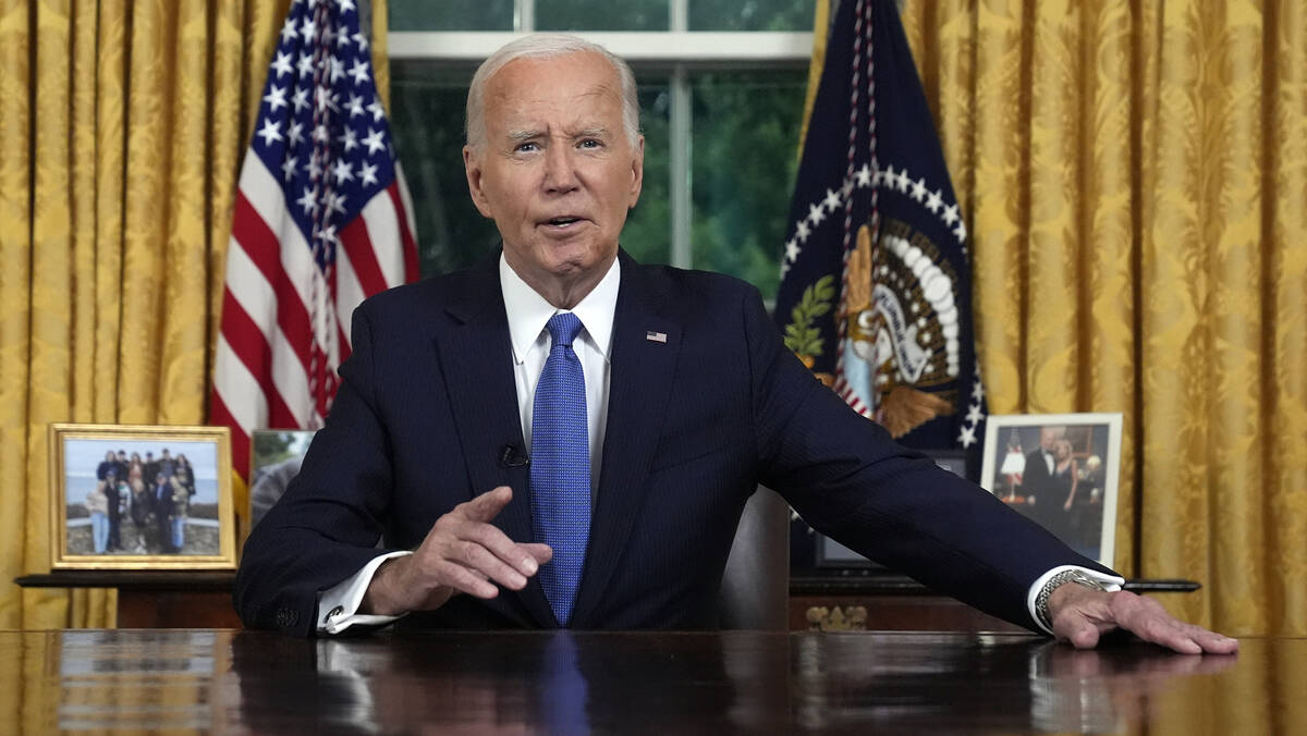 President Joe Biden addresses the nation from the Oval Office of the White House in Washington, ...