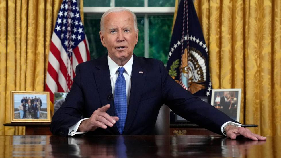 President Joe Biden addresses the nation from the Oval Office of the White House in Washington, ...