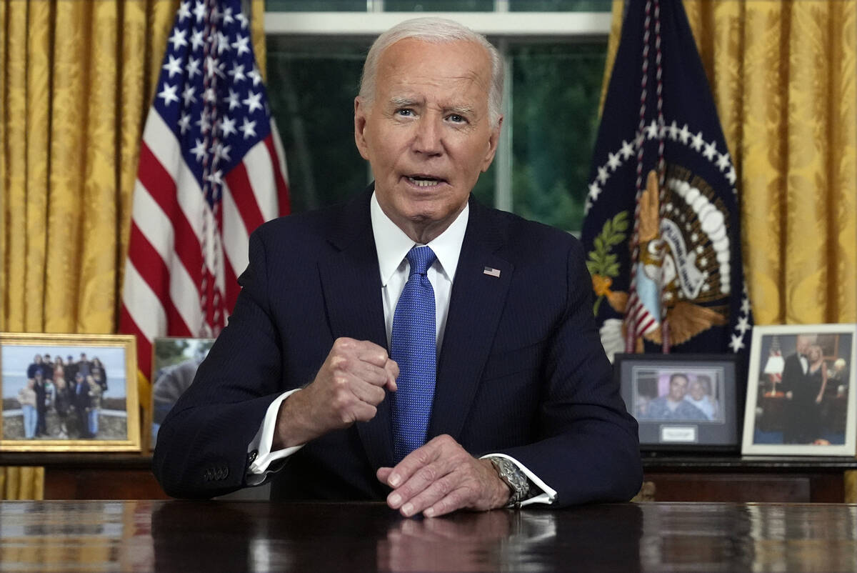 President Joe Biden addresses the nation from the Oval Office of the White House in Washington, ...