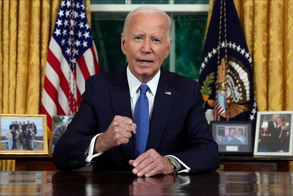 President Joe Biden addresses the nation from the Oval Office of the White House in Washington, ...