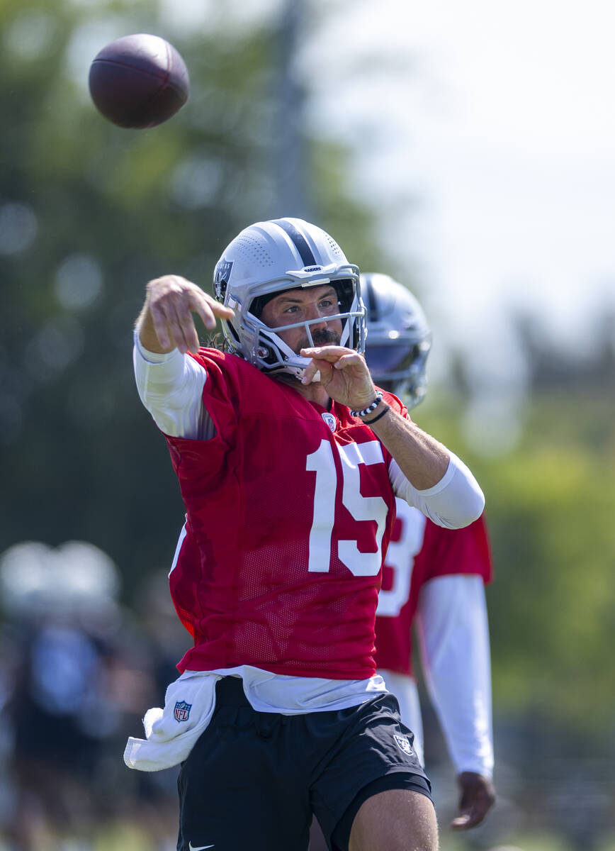 Raiders quarterback Gardner Minshew (15) passes the ball during the first day of training camp ...