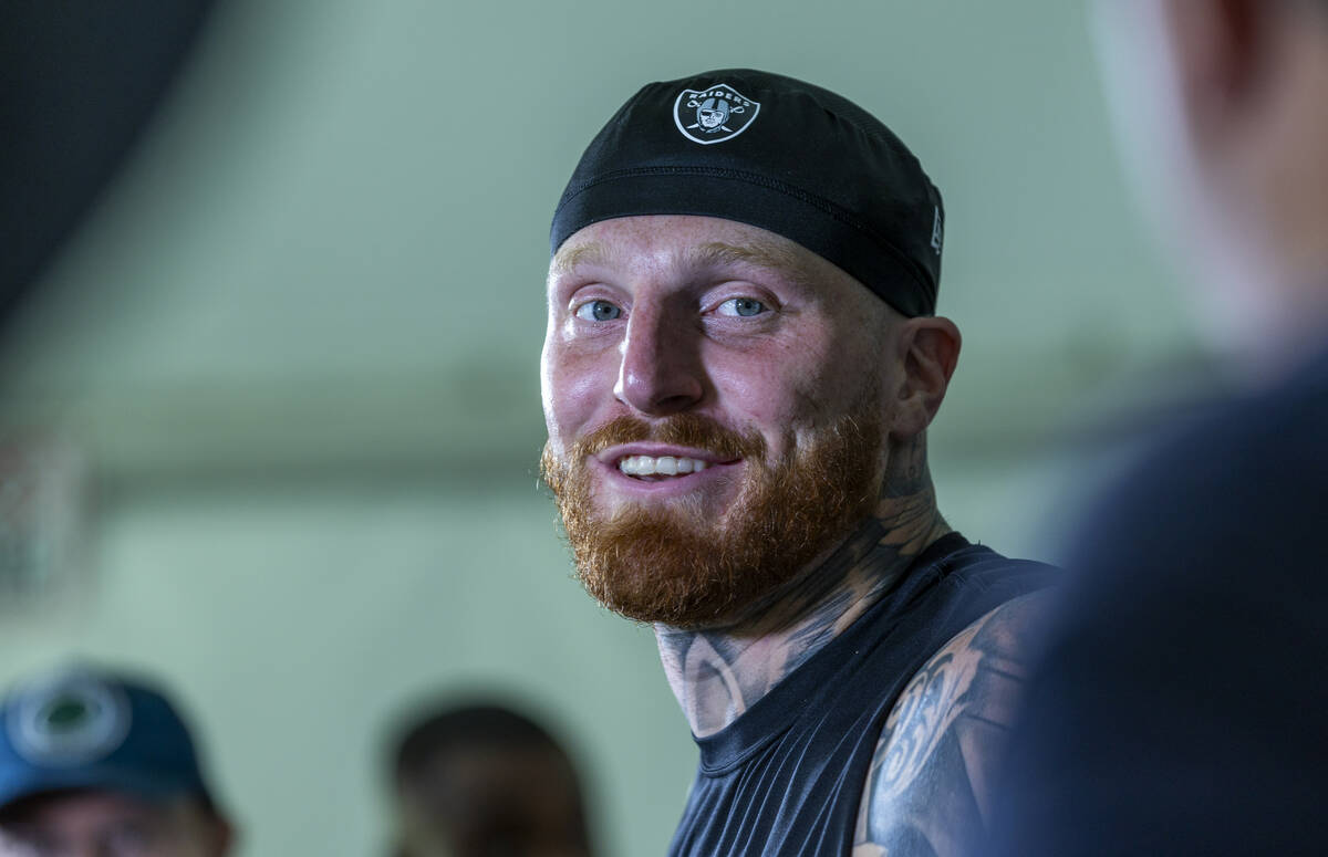 Raiders defensive end Maxx Crosby (98) answers a question during a media interview on the first ...