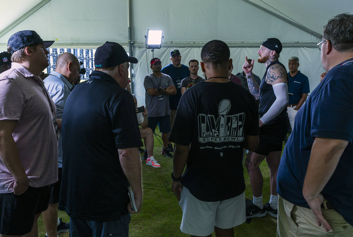 Raiders defensive end Maxx Crosby (98) answers a question during a media interview on the first ...