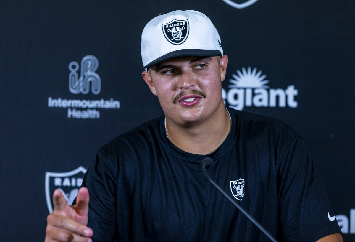 Raiders quarterback Aidan O'Connell answers a question during a media interview on the first da ...