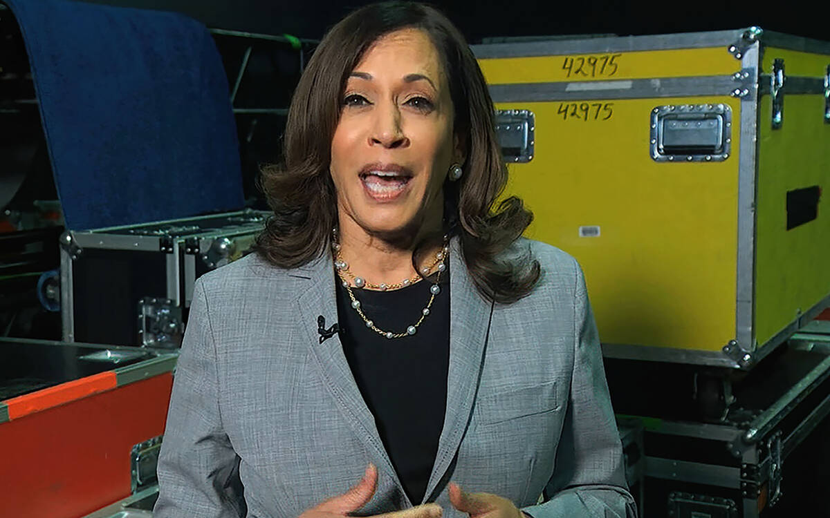 In this image from video, Democratic vice presidential candidate Sen. Kamala Harris, D-Calif., ...